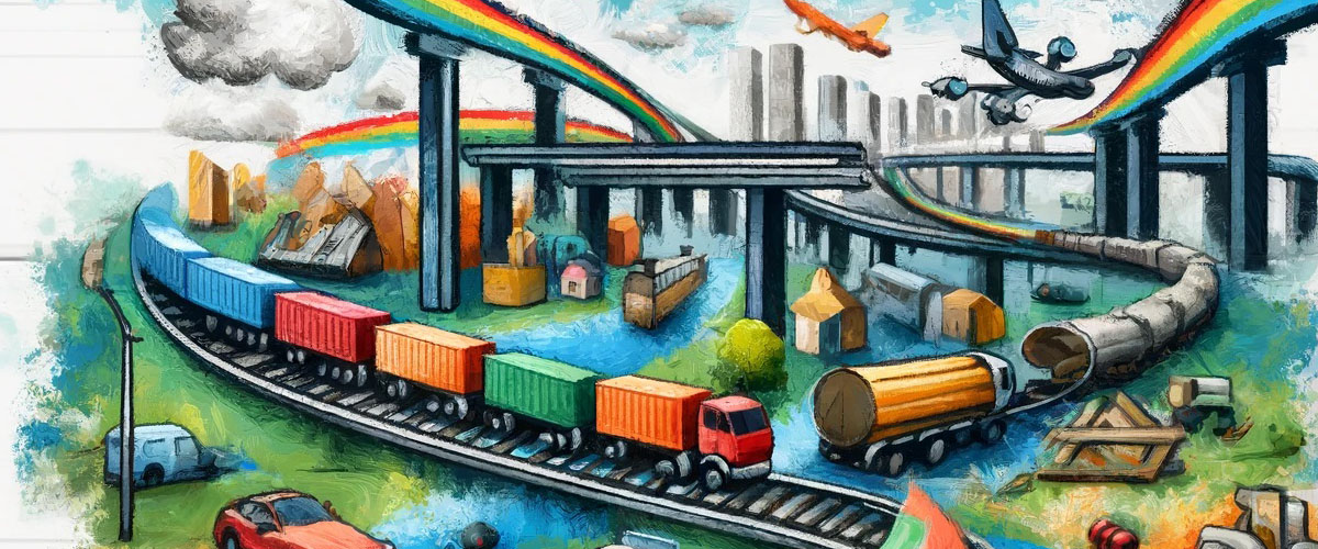 dibujo infantil que muestra camiones y trenes transportando contenedores